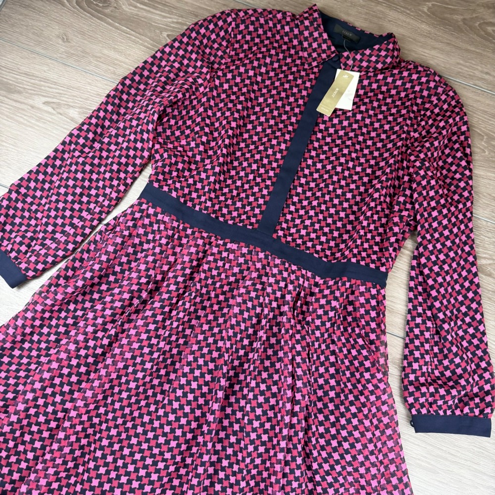 J.Crew Women Dress 100% Silk Geometric Print Pink Navy Blue 12